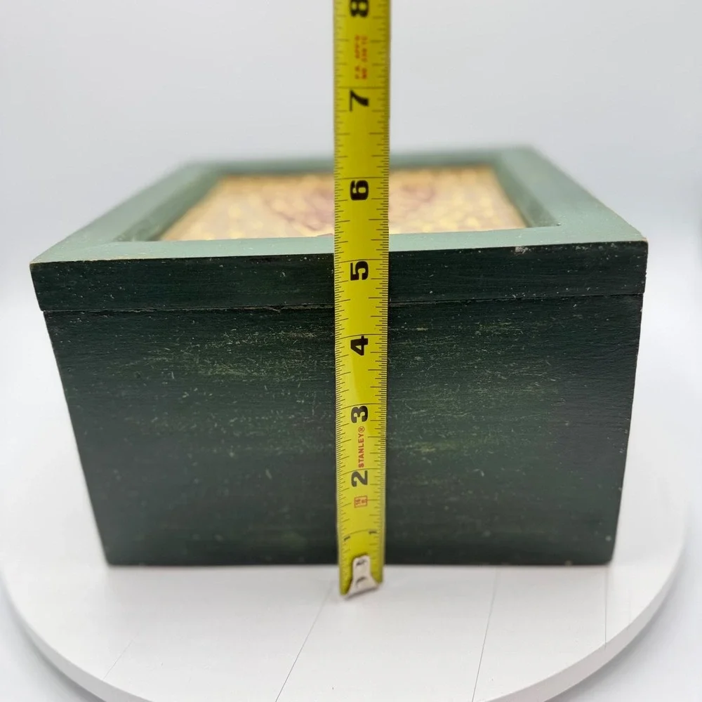 Vintage Wooden Green Lidded Box w/ Tile Mosaic Heart Cottagecore Country Chic